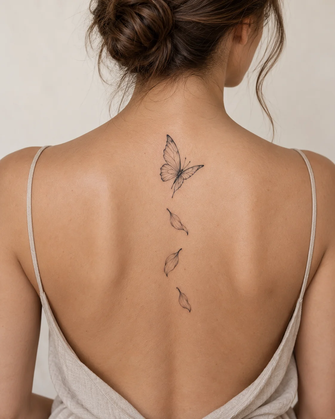 Butterfly and Falling Petals fine line tattoo concept on the upper and middle spine above a modest low-back top