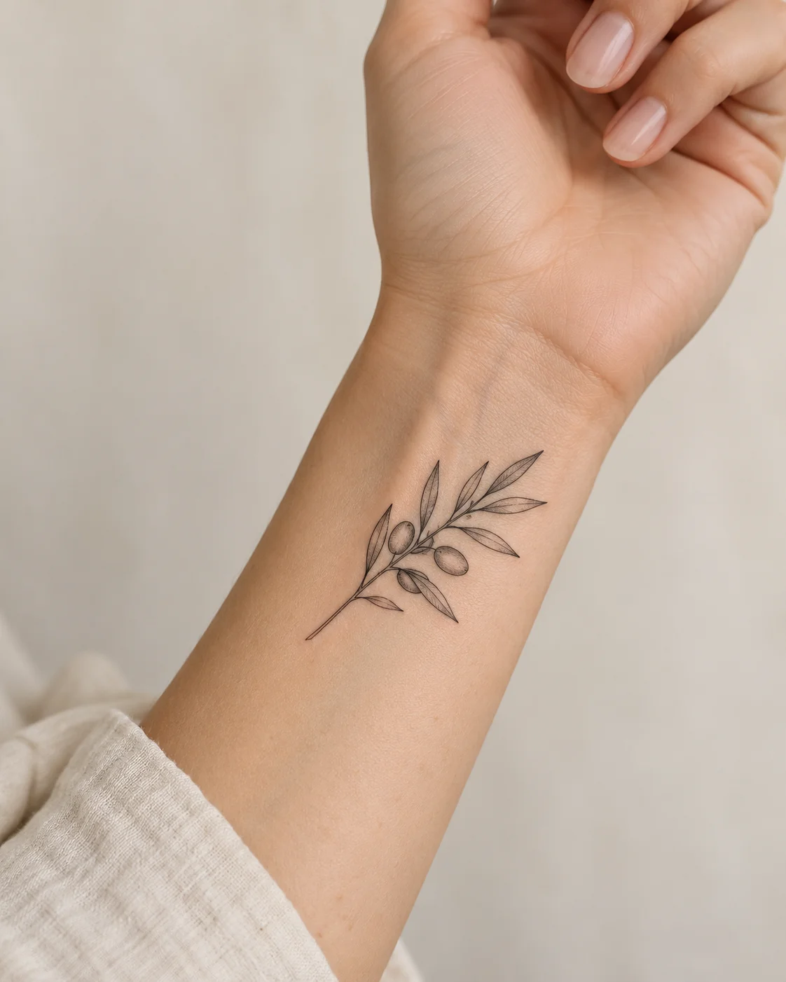 Short Olive Sprig fine line tattoo concept on the inner wrist