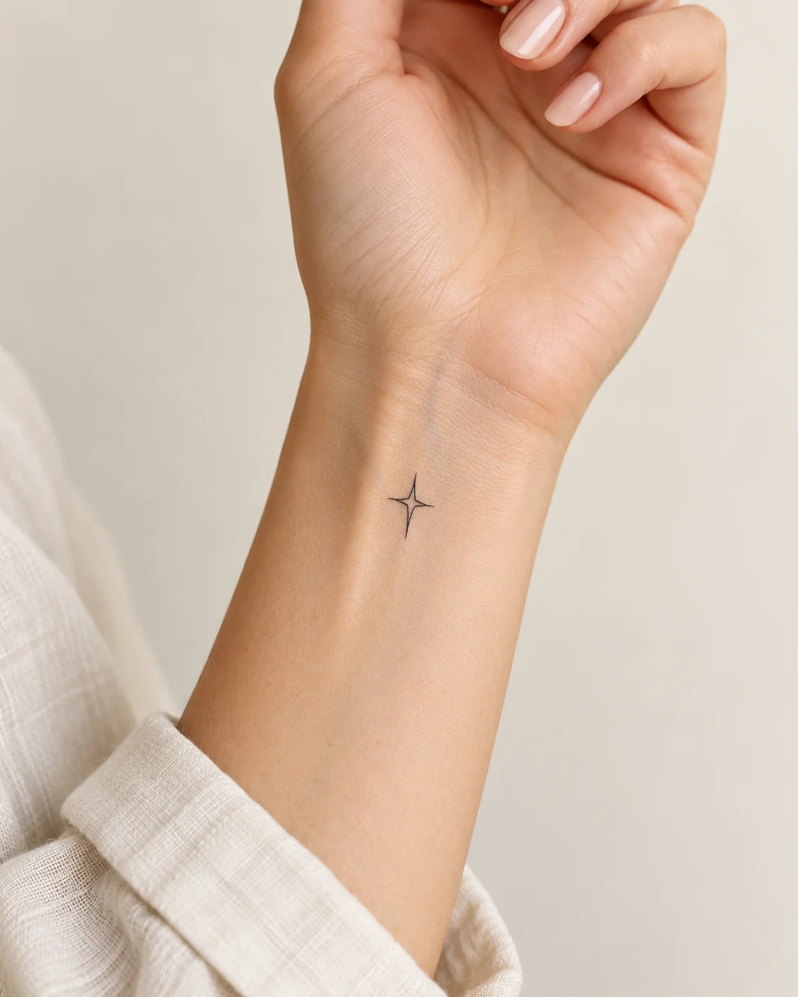 Petite Four-Point Star fine line tattoo concept on the inner wrist