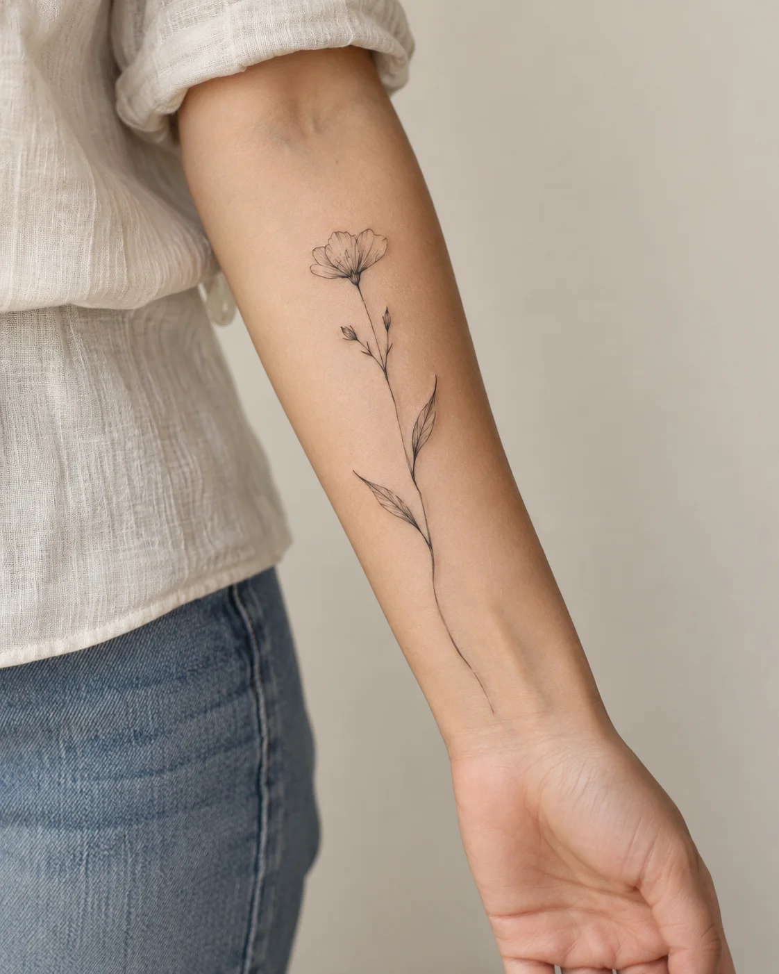 Narrow Wildflower Stem fine line tattoo concept on the inner forearm
