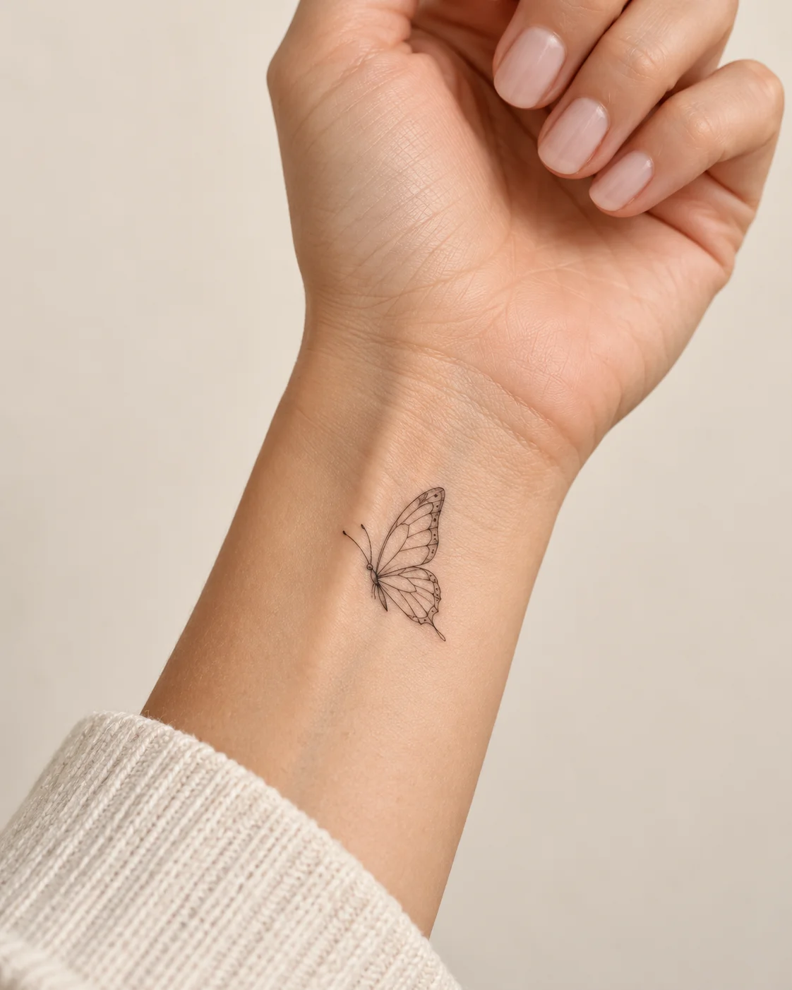Small Side-Profile Butterfly fine line tattoo concept on the inner wrist