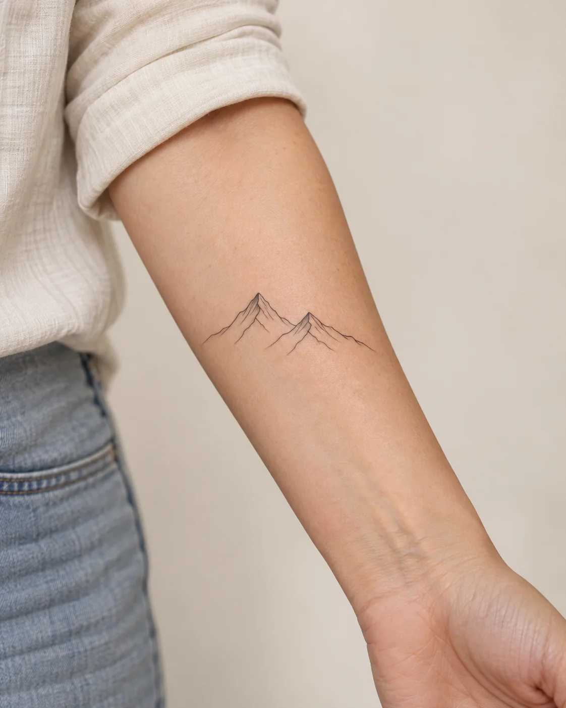 Minimal Mountain Pair fine line tattoo concept on the inner forearm