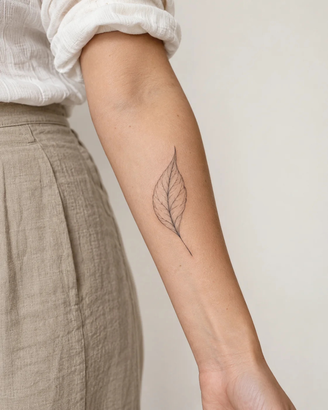 Single Fine Leaf fine line tattoo concept on the outer forearm