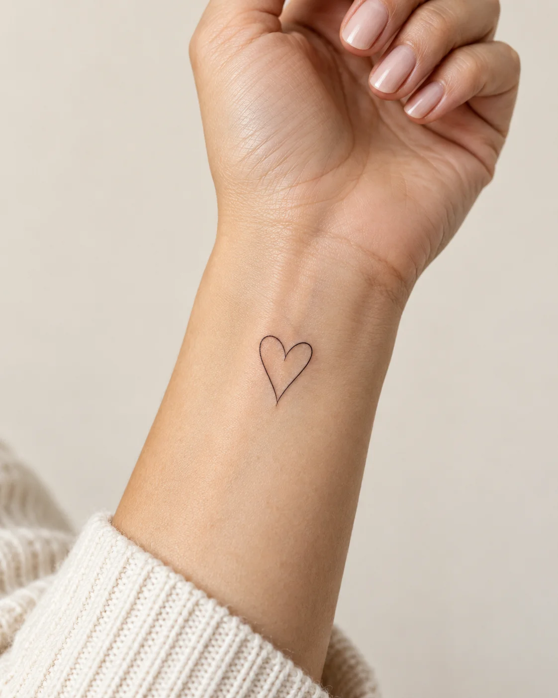 Open Heart Outline fine line tattoo concept on the inner wrist