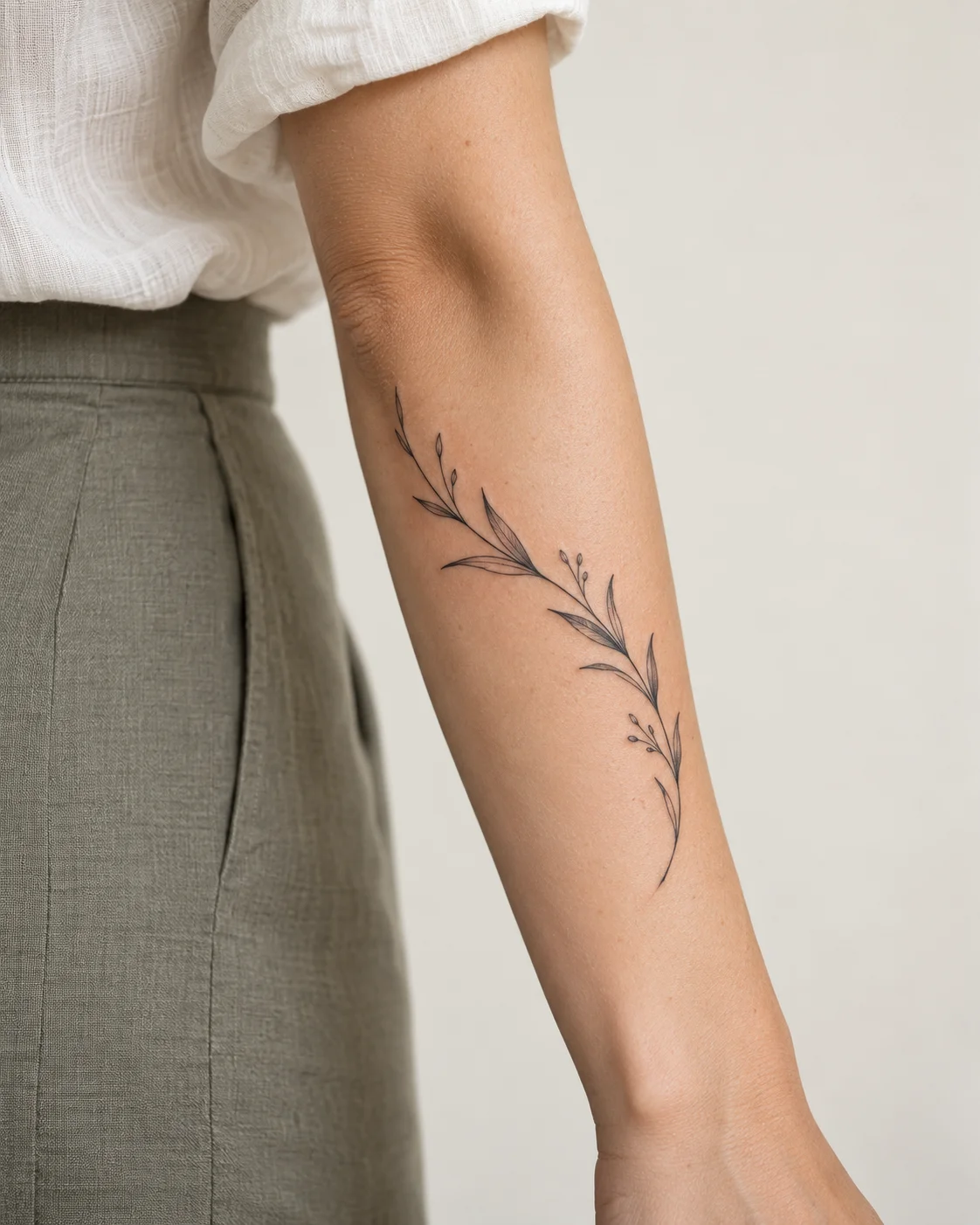 Fine Botanical Arc fine line tattoo concept on the outer forearm