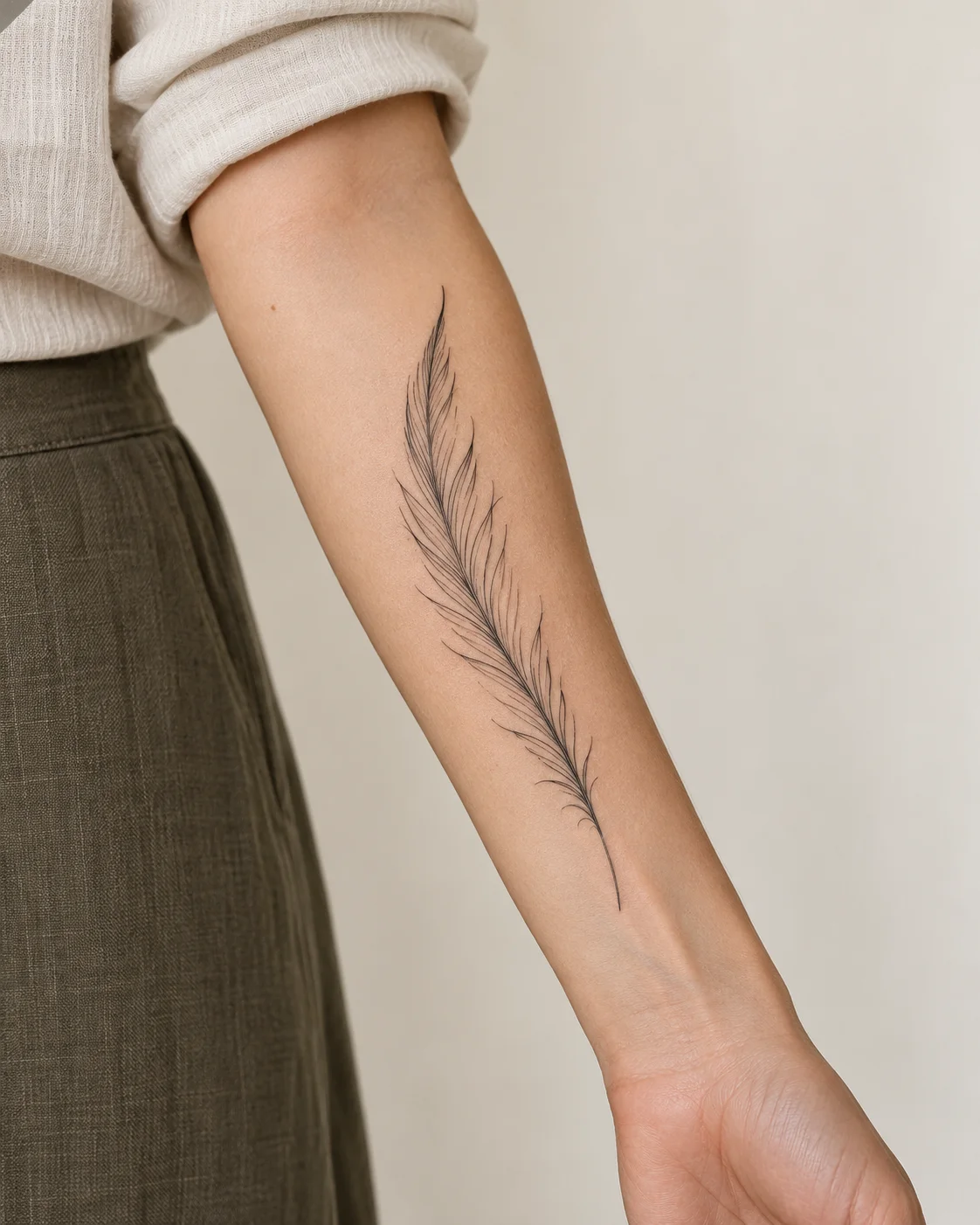Fine Feather Silhouette fine line tattoo concept on the outer forearm