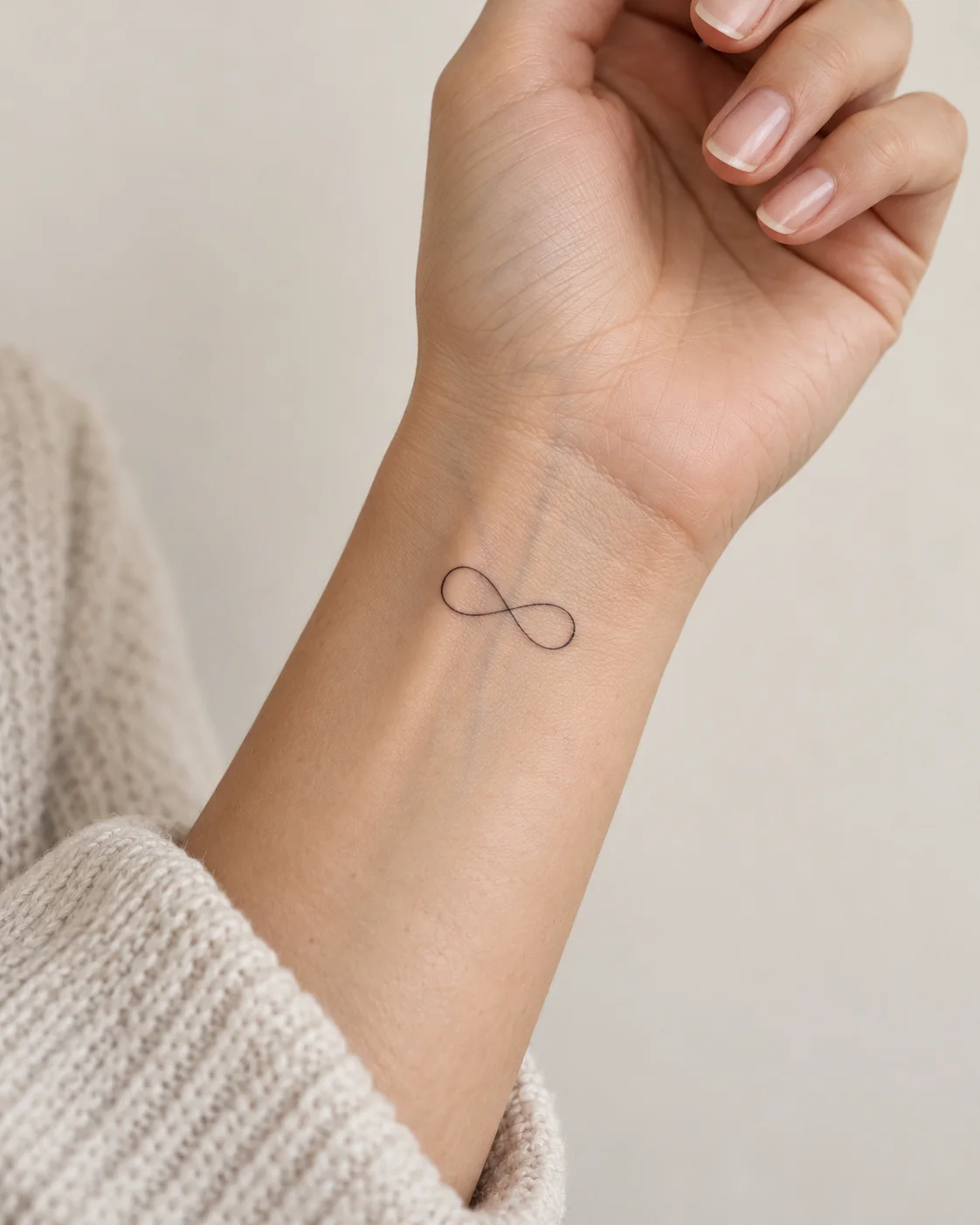 Tiny Infinity Loop fine line tattoo concept on the inner wrist