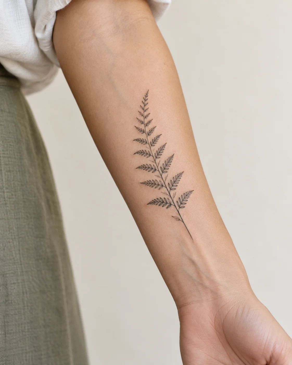 Slender Fern fine line tattoo concept on the inner forearm