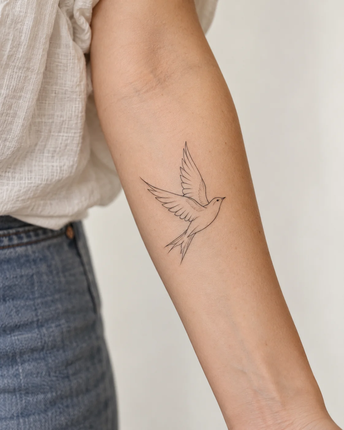 Minimal Bird in Flight fine line tattoo concept on the inner forearm