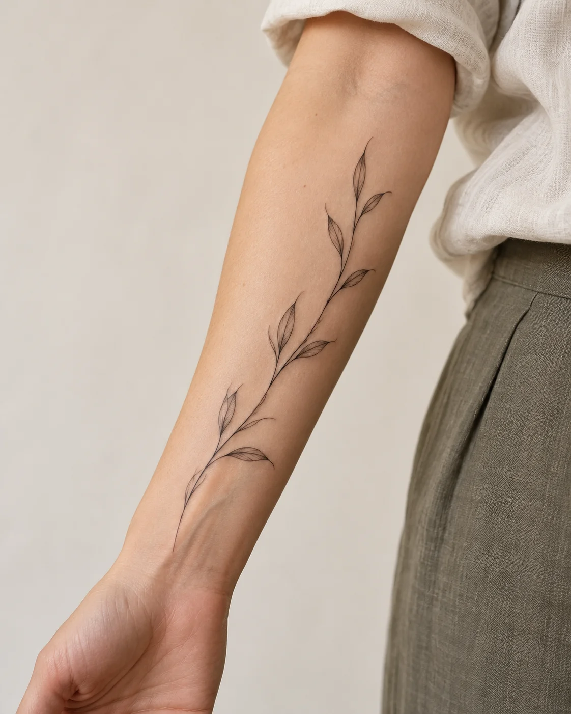 Thin Branch Following the Forearm fine line tattoo concept on the inner forearm